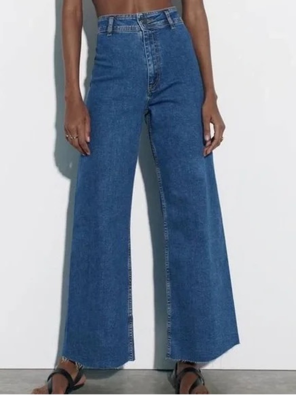 Zara Blue Denim High Waist Marine Sailor Flare Wide-Leg Jeans Size 10